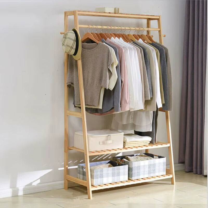 Bamboo Garment Coat Clothes Hanging Heavy Duty Rack with Top Shelf and 2-Tier Shoe Clothing Storage Organizer Shelves
