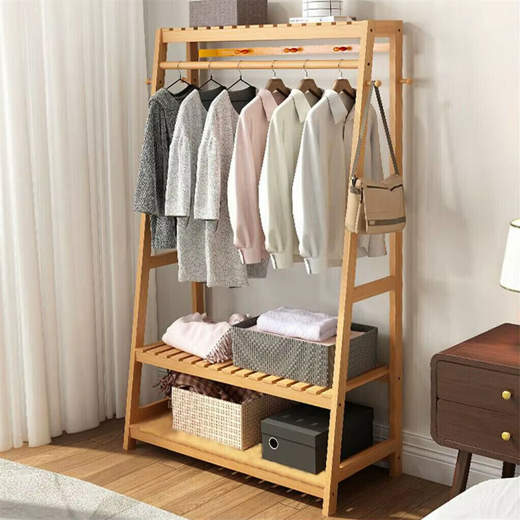 Bamboo Garment Coat Clothes Hanging Heavy Duty Rack with Top Shelf and 2-Tier Shoe Clothing Storage Organizer Shelves