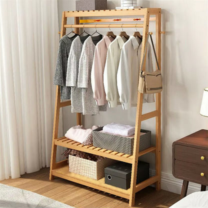 Bamboo Garment Coat Clothes Hanging Heavy Duty Rack with Top Shelf and 2-Tier Shoe Clothing Storage Organizer Shelves