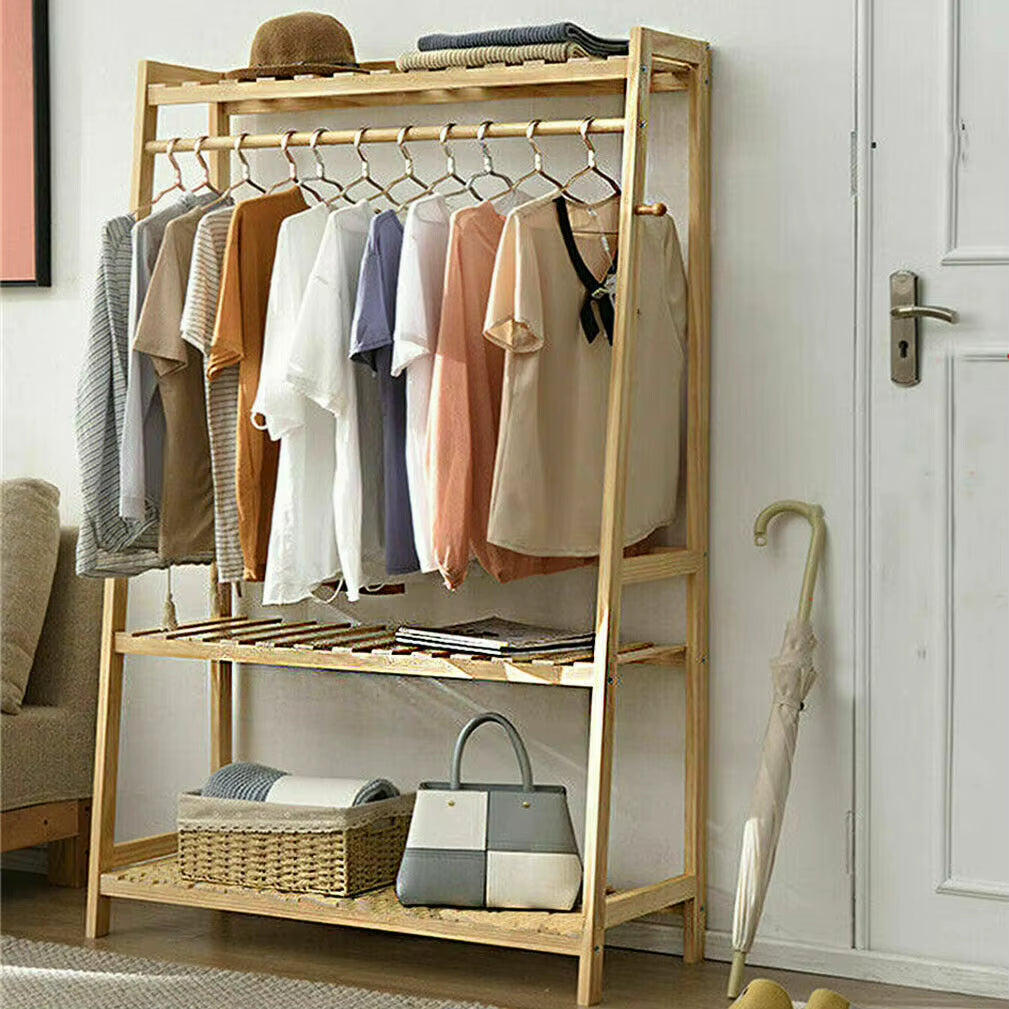 Bamboo Garment Coat Clothes Hanging Heavy Duty Rack with Top Shelf and 2-Tier Shoe Clothing Storage Organizer Shelves