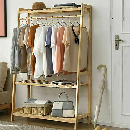 Bamboo Garment Coat Clothes Hanging Heavy Duty Rack with Top Shelf and 2-Tier Shoe Clothing Storage Organizer Shelves