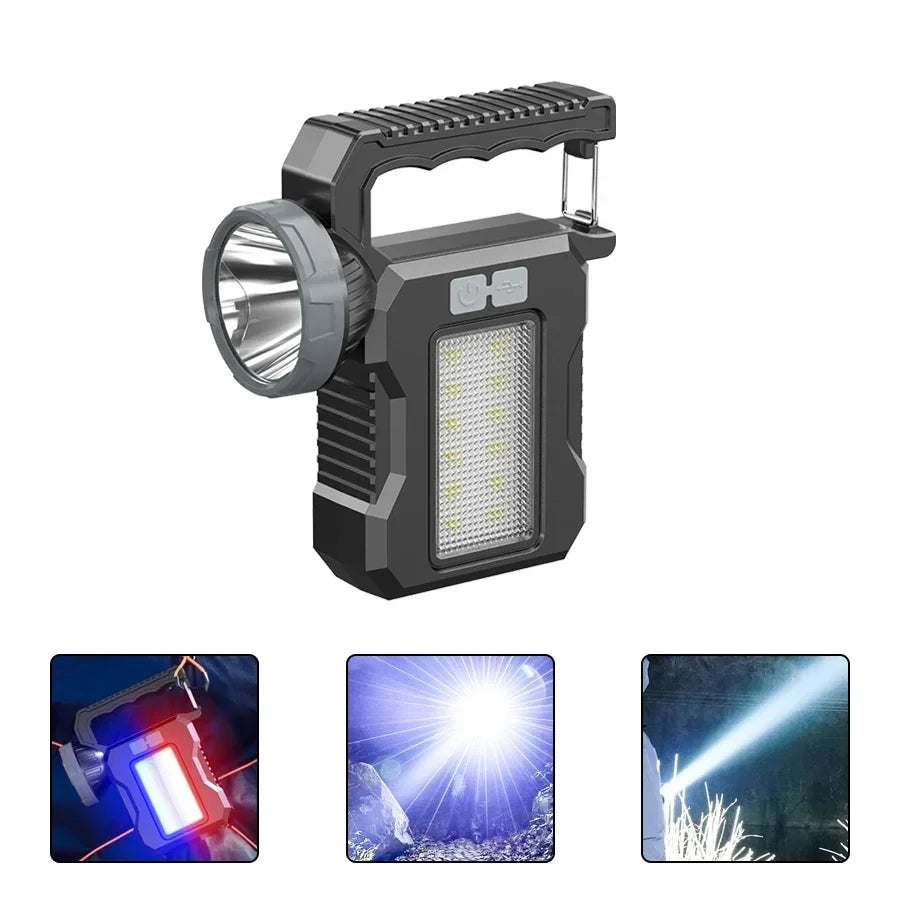 Portable Powerful USB Rechargeable Flashlight Solar LED Light with COB Work Light 4 Gear Charge Mobile Phone Camping Lamp