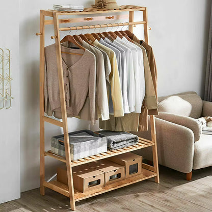 Bamboo Garment Coat Clothes Hanging Heavy Duty Rack with Top Shelf and 2-Tier Shoe Clothing Storage Organizer Shelves